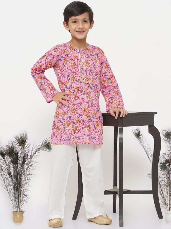 Boys Floral Kurta with Pearl Buttons and Pyjama - Little Bansi