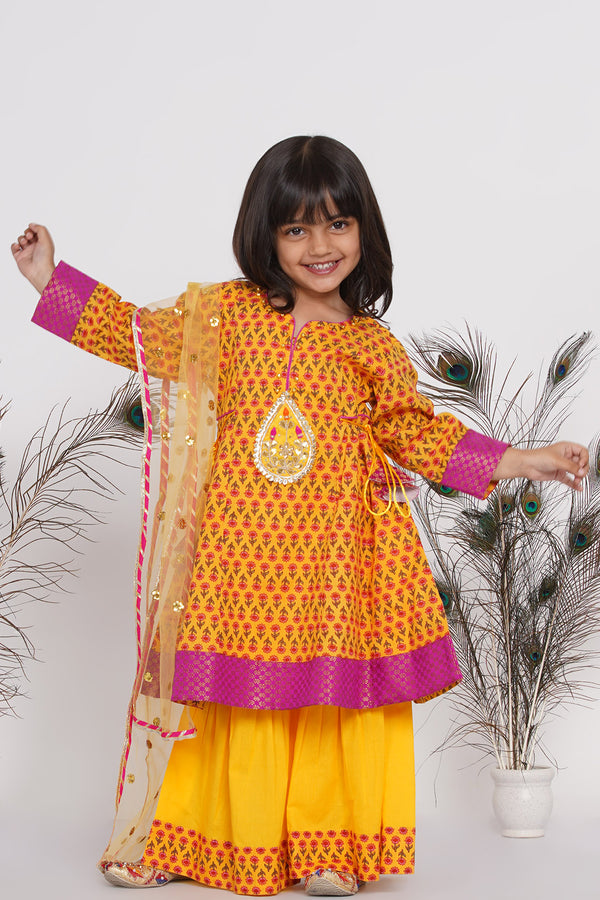 Girls Cotton Jaipuri Princecut Kurta frock with buti work, Sharara, and Dupatta - Little Bansi