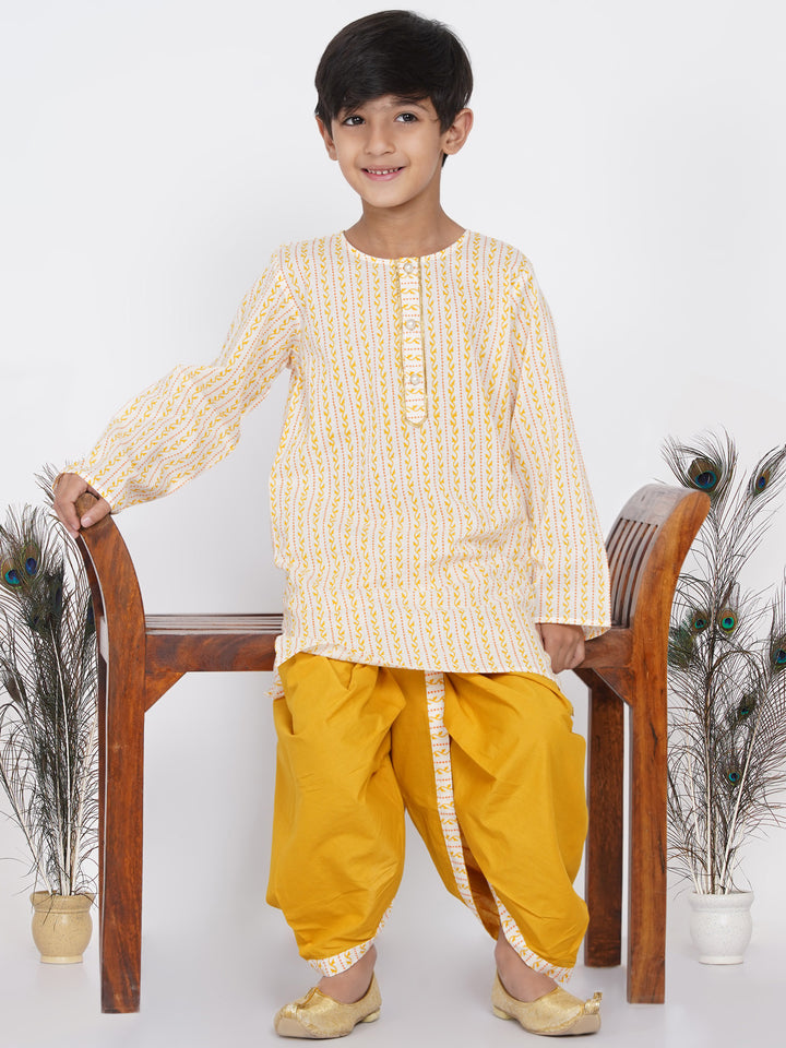 Boys Leaf Print Kurta with Pearl Buttons and Dhoti in Cream and yellow - Little Bansi