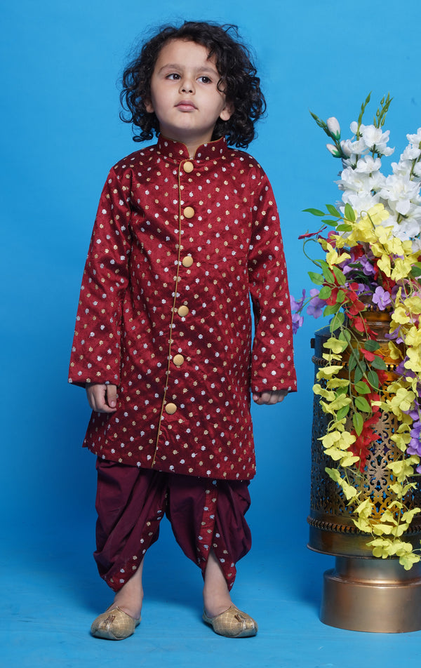 Chand Sitare Sherwani with Golden Buttons and Dhoti - Maroon