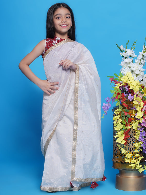 Kantha Work Blouse with Chanderi Silk Ready to wear Saree - Cream