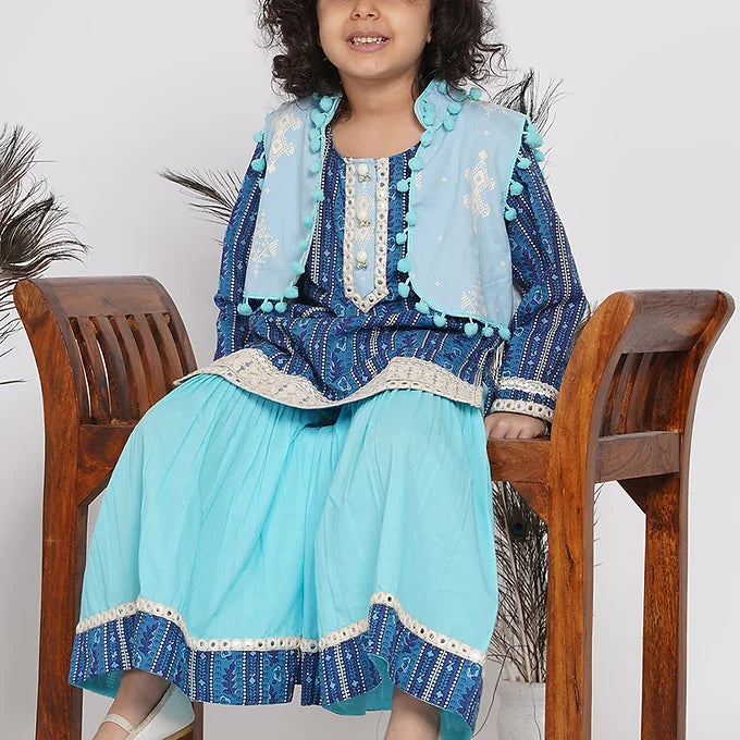 Girls Floral Print Kurta with Lace work and Sharara with pom pom jacket - Little Bansi
