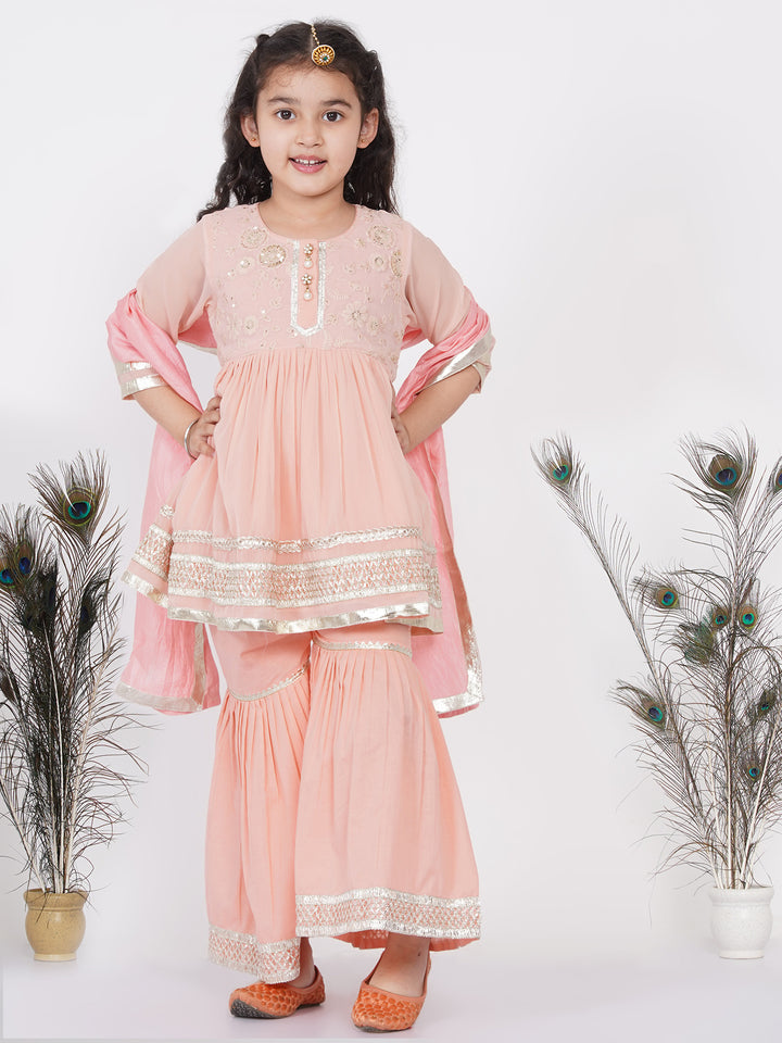 Girls Gotta Patti work Kurta frock with Sharara and Dupatta - Little Bansi