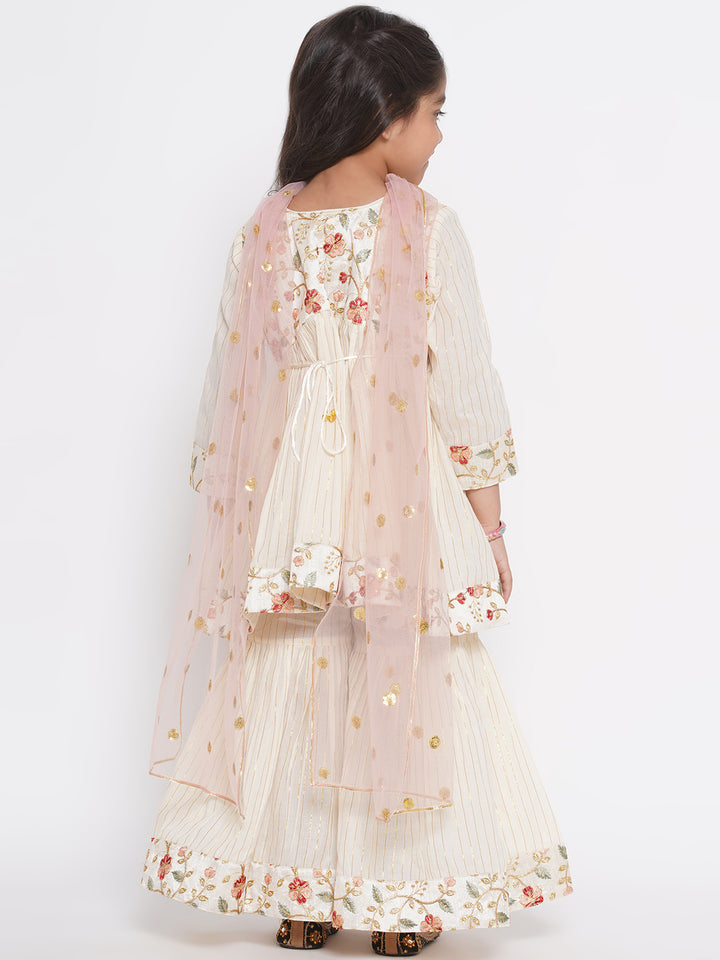 Floral Embroidery Jacket with Gold Strip Frock with Sharara & Dupatta - Cream - Little Bansi