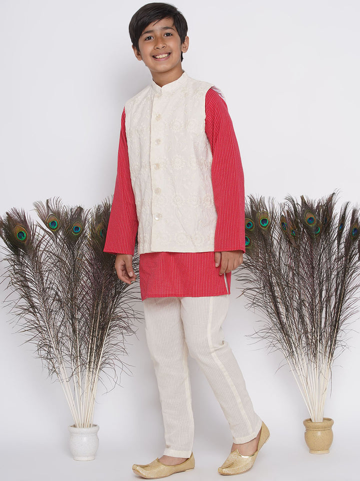 Jaipuri thread work Kurta with Floral Embroidery Jacket and Pyjama - Red & Cream - Little Bansi
