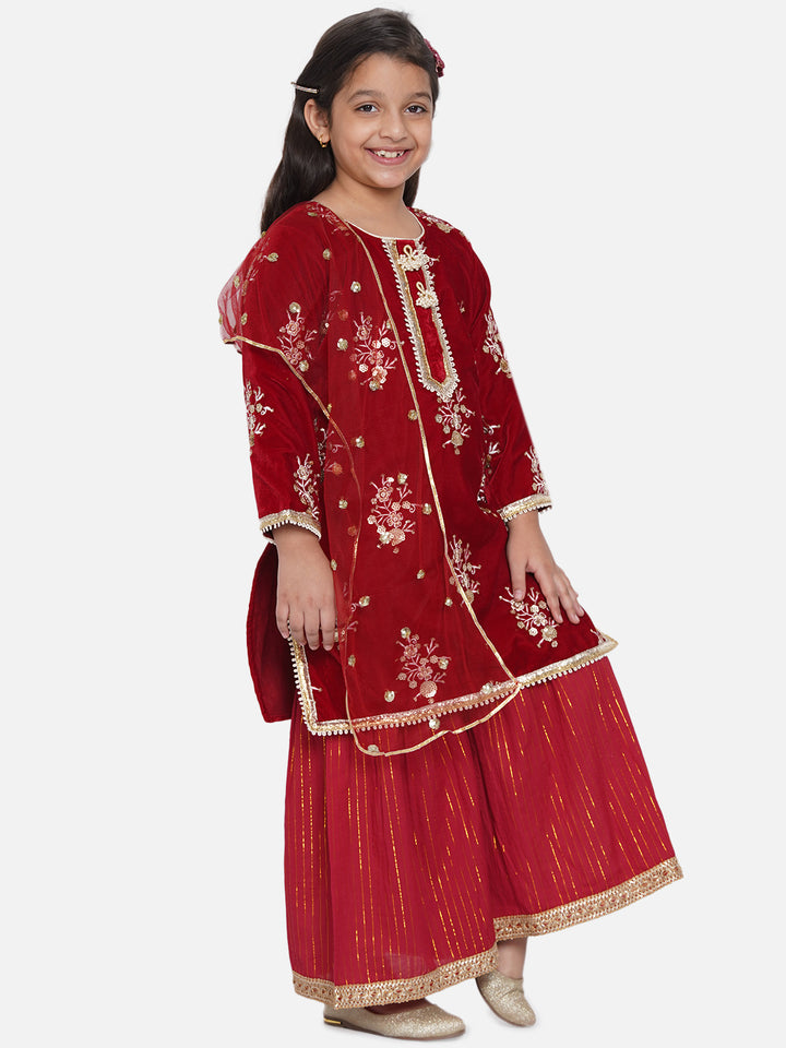 Girls Embroidery Velvet Kurta with Cotton Strip Sharara in maroon - Little Bansi