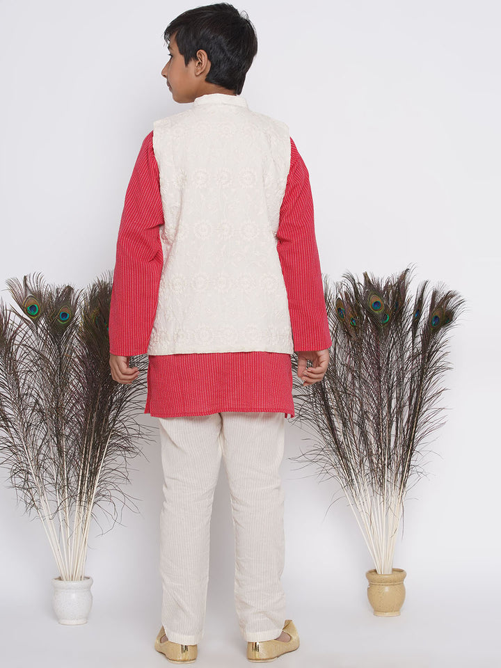 Jaipuri thread work Kurta with Floral Embroidery Jacket and Pyjama - Red & Cream - Little Bansi