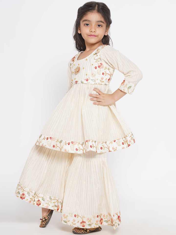 Floral Embroidery Jacket with Gold Strip Frock with Sharara & Dupatta - Cream - Little Bansi
