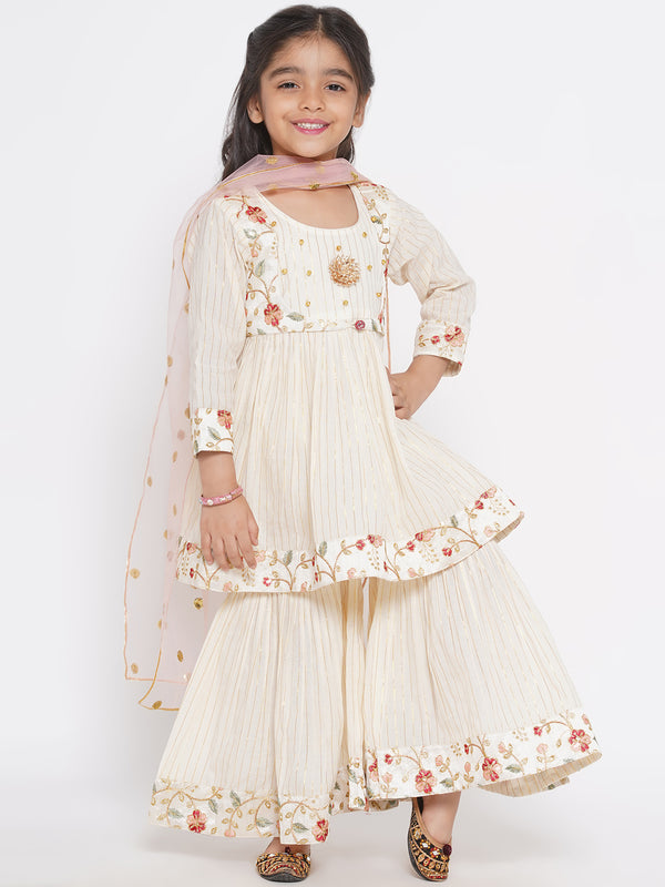 Floral Embroidery Jacket with Gold Strip Frock with Sharara & Dupatta - Cream - Little Bansi