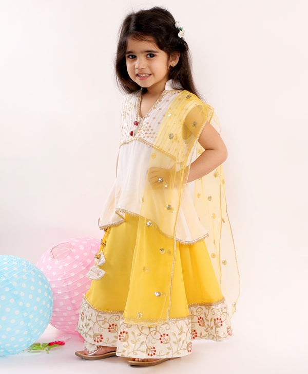 Girls Sleeveless Sequin Floral Choli with Lehenga & Dupatta - White & Yellow - Little Bansi