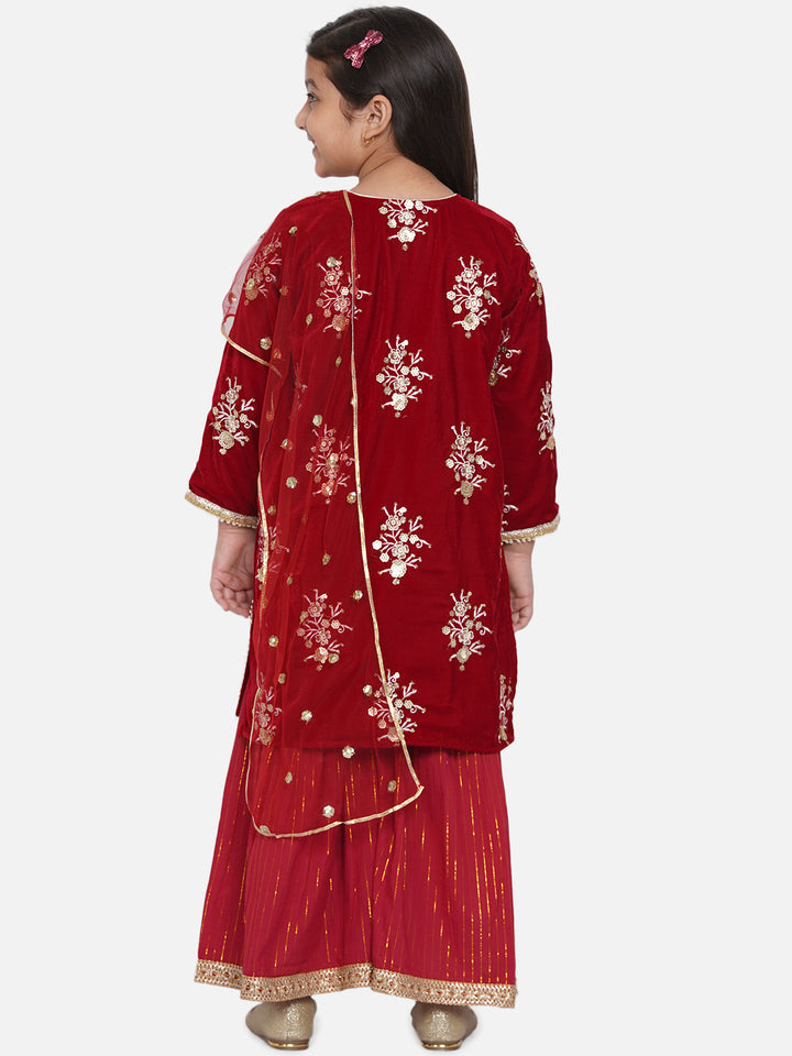 Girls Embroidery Velvet Kurta with Cotton Strip Sharara in maroon - Little Bansi