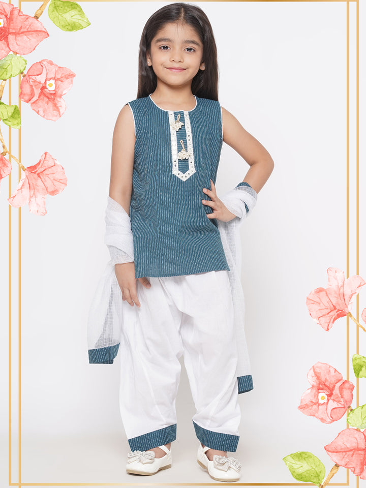 Thread work Kurta with Patiala Salwar & Kota Doria Dupatta - Turquiose Green - Little Bansi