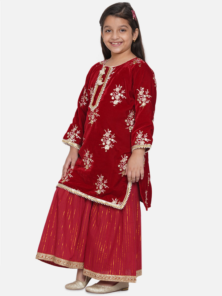 Girls Embroidery Velvet Kurta with Cotton Strip Sharara in maroon - Little Bansi