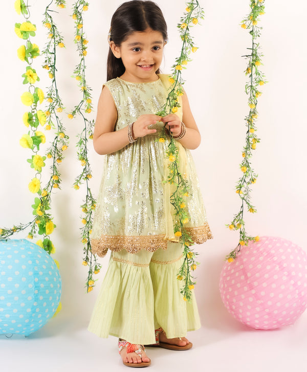 Girls Floral Banarsi Frock Style Kurti with Sharara and Dupatta in Green - Little Bansi