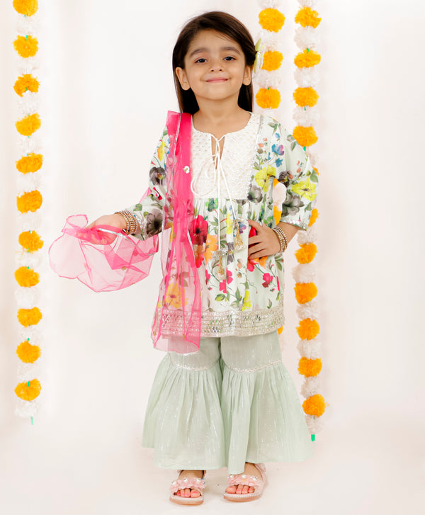 Girls Floral Print Frock Style Kurta with Sharara and Dupatta in Green - Little Bansi