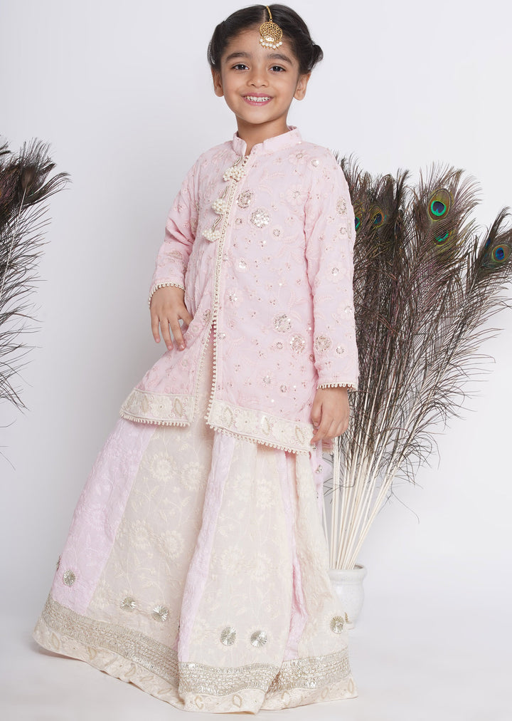 Girls Baby Pink & Cream Kali Work Lehenga with Handwork of Gota and Tussels - Little Bansi