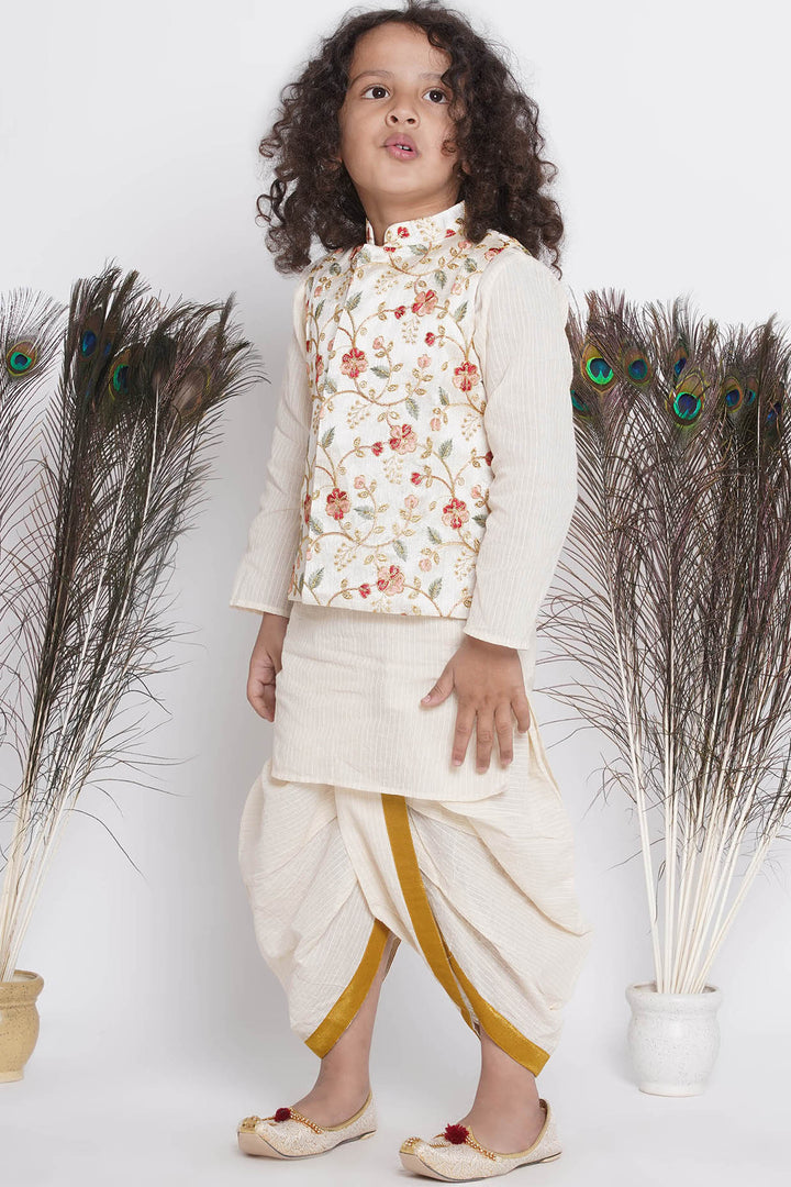 Banarsi Floral Embroidery Jacket with Cotton Kantha kurta and Kantha Dhoti - Little Bansi