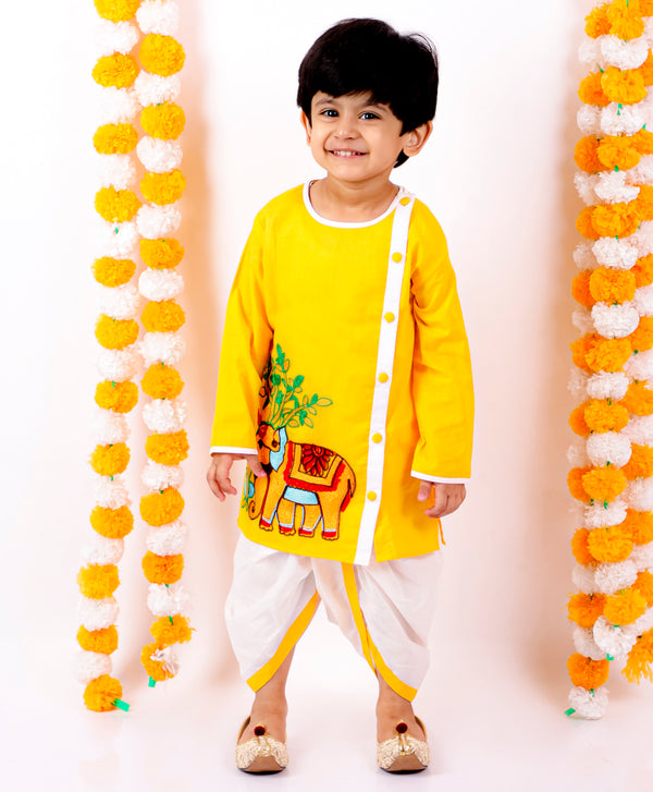 Boys Pure Cotton Elephant Embroidery Yellow Kurta with White Dhoti - Little Bansi