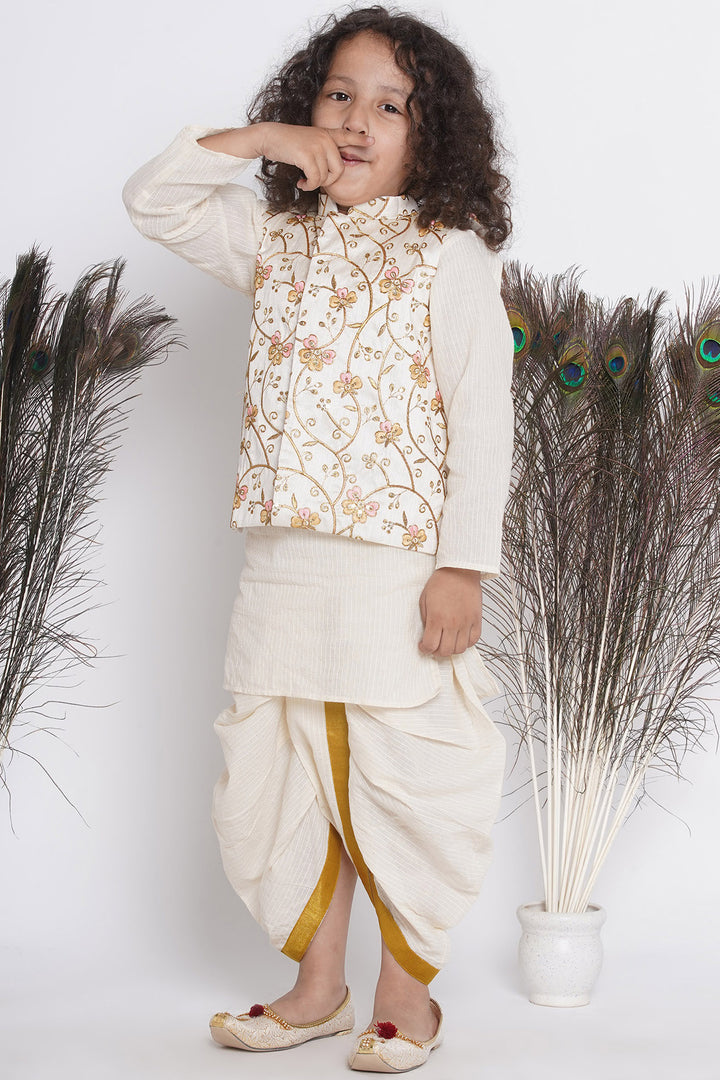 Orange Pink Floral Embroidery Jacket with Cotton Kantha kurta and Kantha Dhoti - Little Bansi