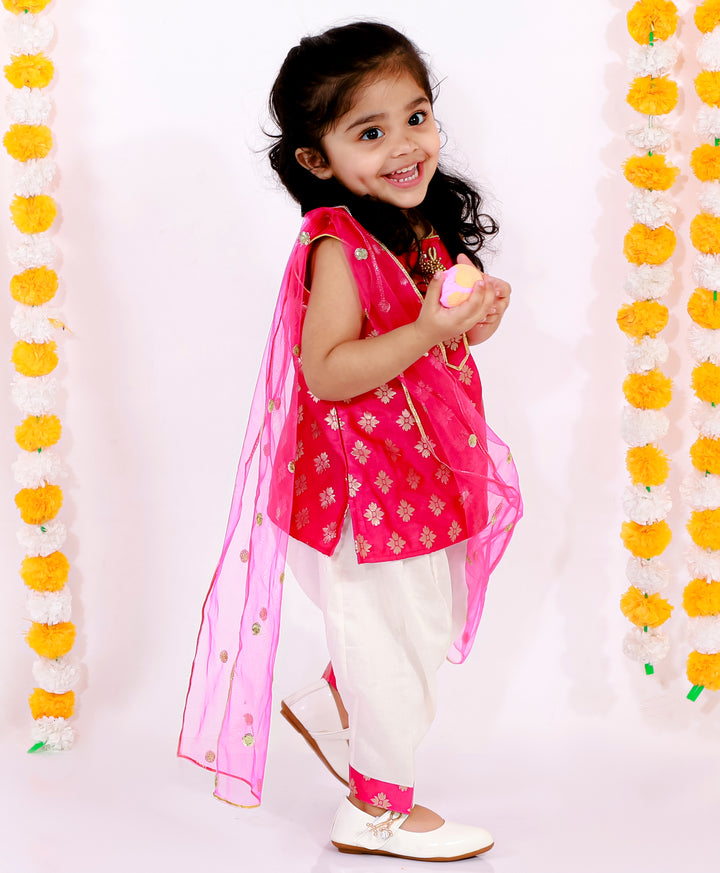 Girls Banarsi Kurta with Salwar and Dupatta - Rani & White - Little Bansi