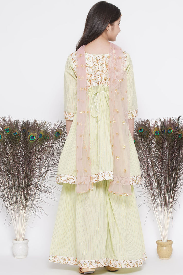 Floral Embroidery Jacket with Cotton Lurex Frock Sharara and Dupatta - Little Bansi