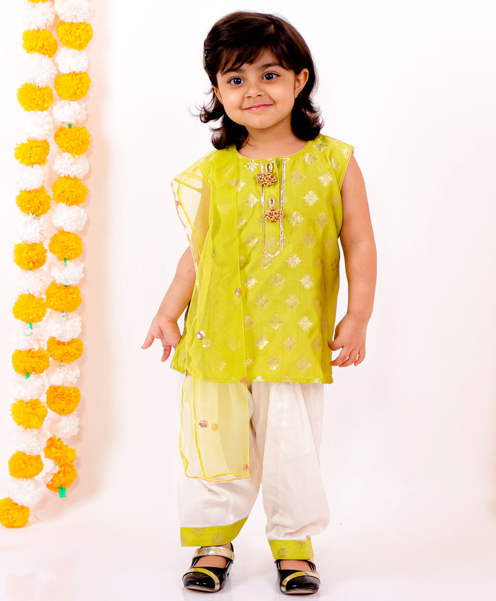 Girls Banarsi Kurta with Salwar and Dupatta - Green & White - Little Bansi