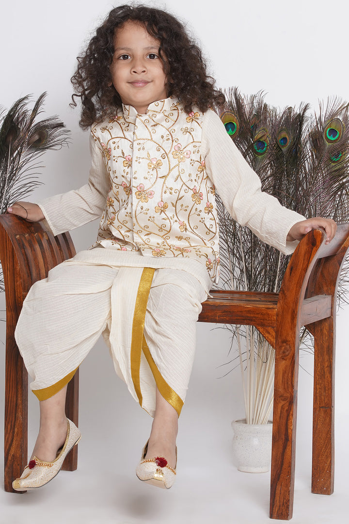 Orange Pink Floral Embroidery Jacket with Cotton Kantha kurta and Kantha Dhoti - Little Bansi