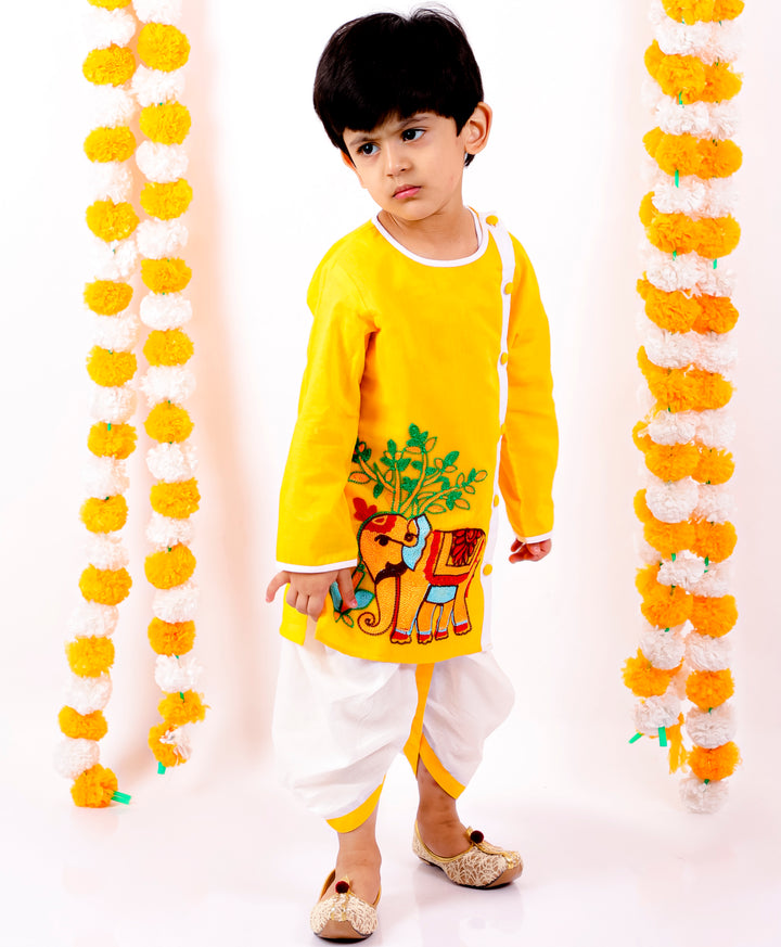 Boys Pure Cotton Elephant Embroidery Yellow Kurta with White Dhoti - Little Bansi