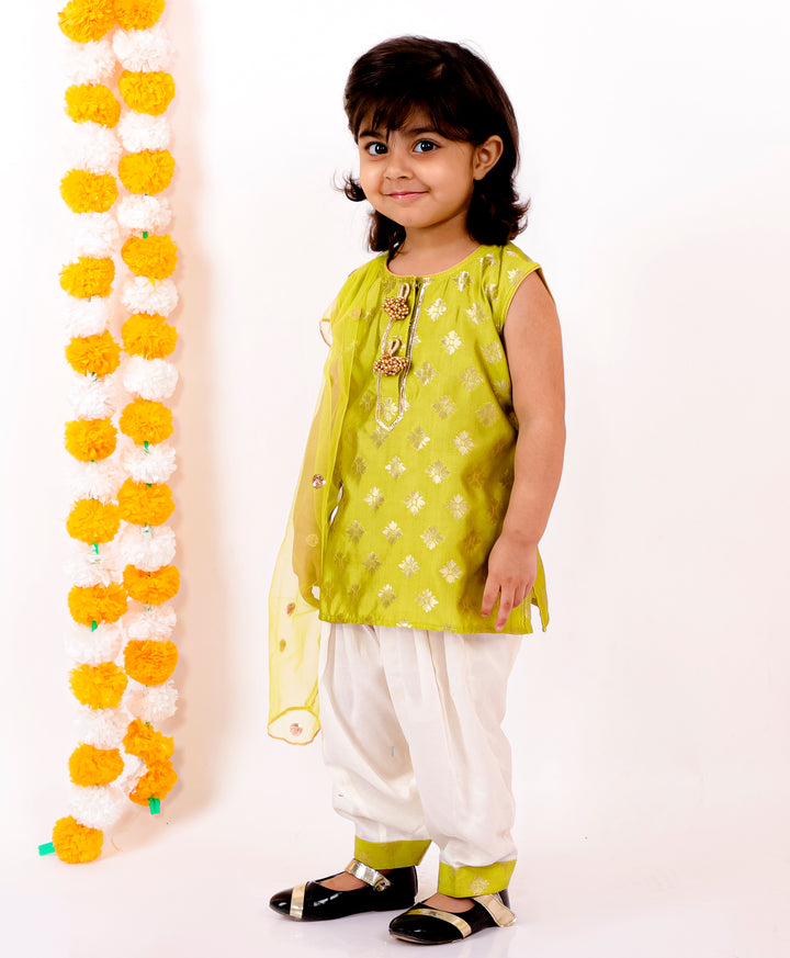 Girls Banarsi Kurta with Salwar and Dupatta - Green & White - Little Bansi