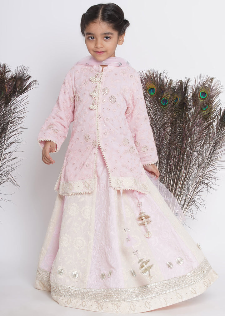 Girls Baby Pink & Cream Kali Work Lehenga with Handwork of Gota and Tussels - Little Bansi