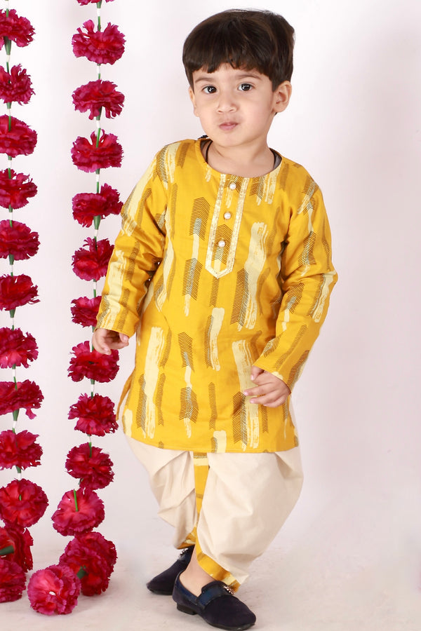 Boys Pure Cotton Ethnic Print Full Sleeves Kurta with Dhoti in Yellow & Beige - Little Bansi