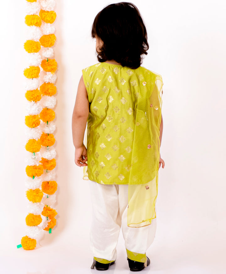 Girls Banarsi Kurta with Salwar and Dupatta - Green & White - Little Bansi