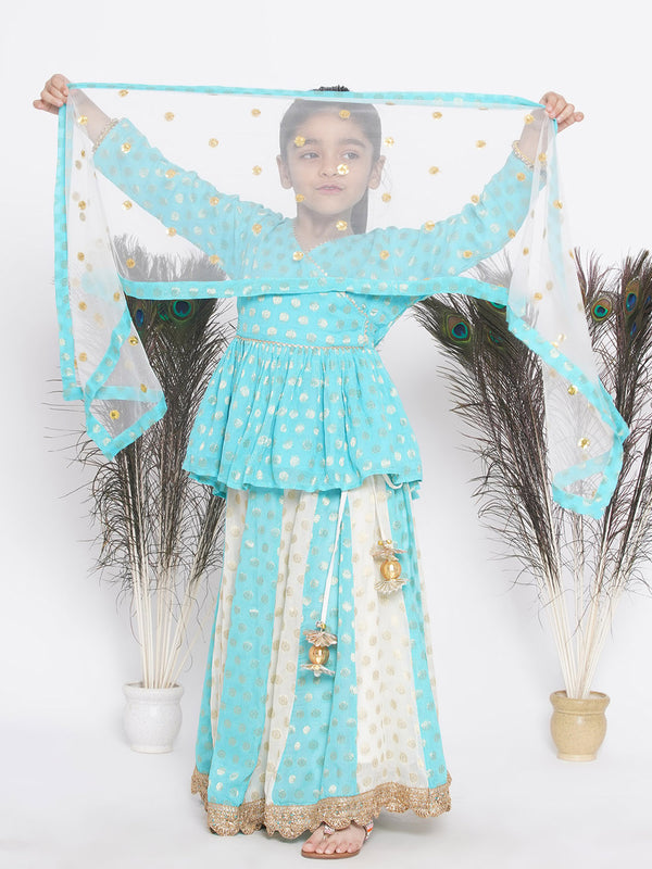 Girls Blue & Off White Kali Work Lehenga with Handmade Latkan and Dupatta - Little Bansi