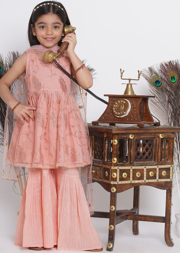 Peach Sequin work Leaf Kurta Frock with Sharara and Dupatta - Little Bansi