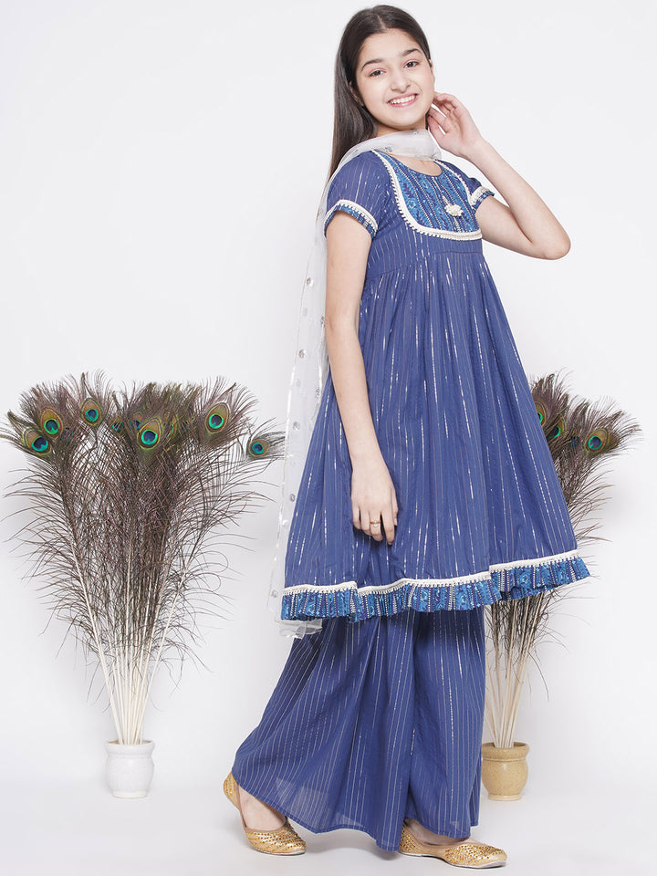 Girls Floral patch and lace work Frock Style Kurta with sharara and Dupatta - Little Bansi