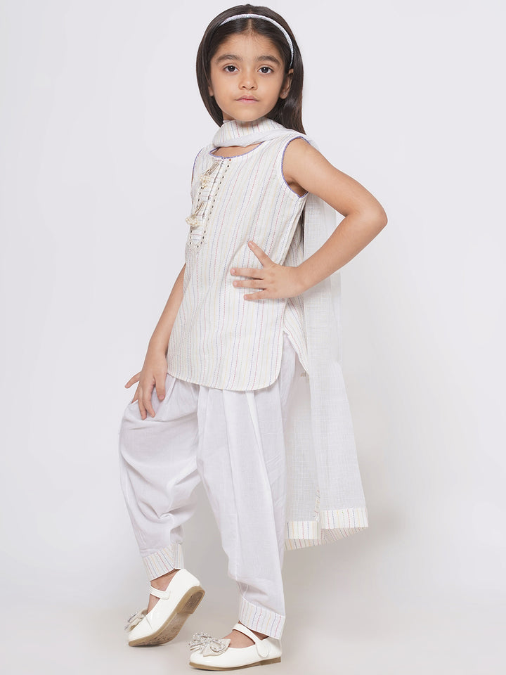 Short Kurta with Tussel and Lace work with Patiala Salwar and Kota Doria Dupatta - Little Bansi