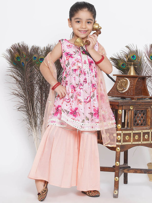 Gulabo Frock Style Kurta with Sharara and Dupatta - Pink & Peach - Little Bansi