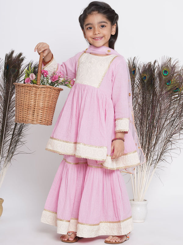 Thread work Frock Style Kurta with Floral Embroidery and Sharara with Dupatta - Little Bansi