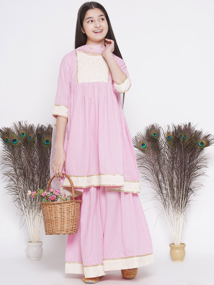 Thread work Frock Style Kurta with Floral Embroidery and Sharara with Dupatta - Little Bansi