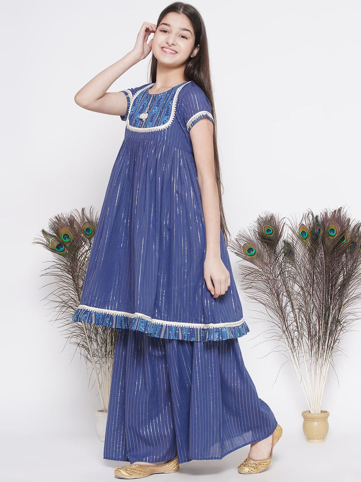 Girls Floral patch and lace work Frock Style Kurta with sharara and Dupatta - Little Bansi
