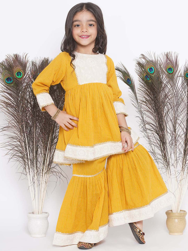 Floral Thread work Frock Style Kurta and Sharara with Dupatta - Little Bansi