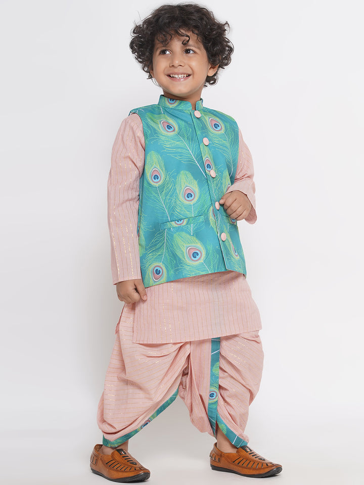 Peacock Feather print Jacket with Golden Stripes Kurta and Dhoti - Little Bansi