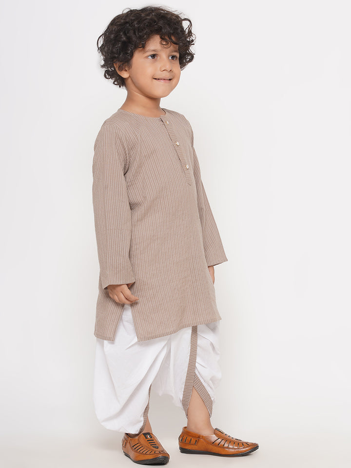 Little Bansi Boys Thread Work Kurta with Pearl buttons & Dhoti - Camel Brown - Little Bansi