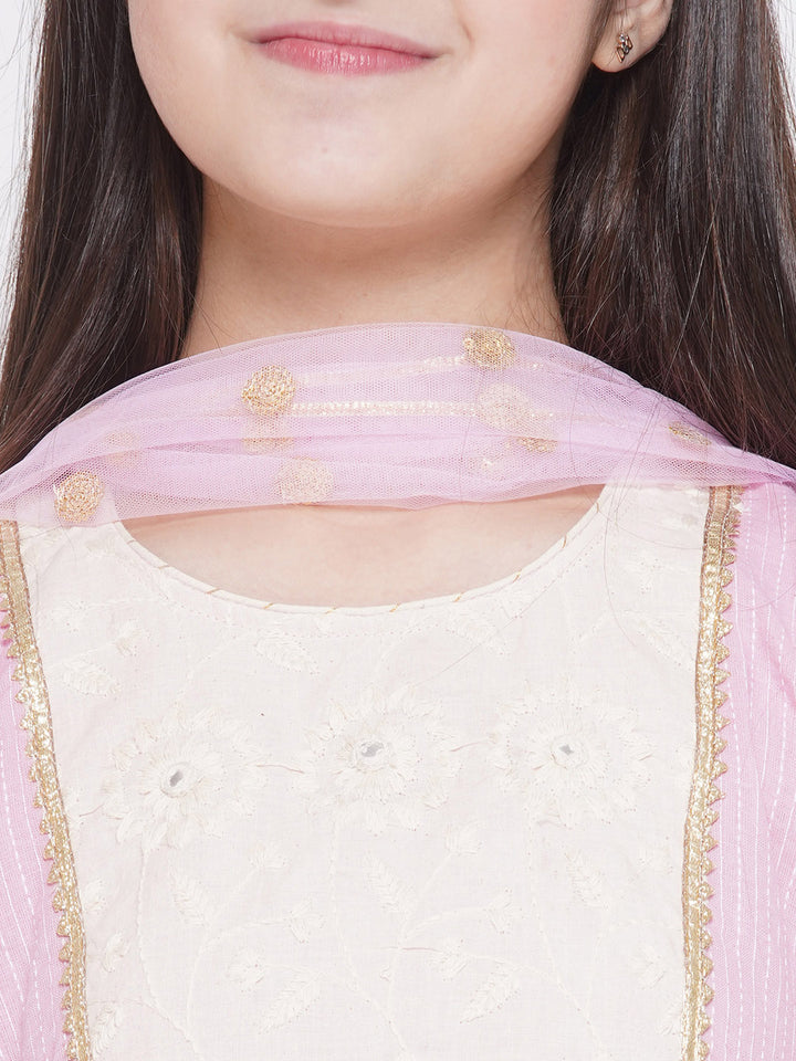 Thread work Frock Style Kurta with Floral Embroidery and Sharara with Dupatta - Little Bansi