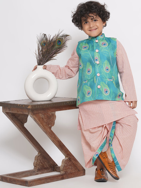 Peacock Feather print Jacket with Golden Stripes Kurta and Dhoti - Little Bansi