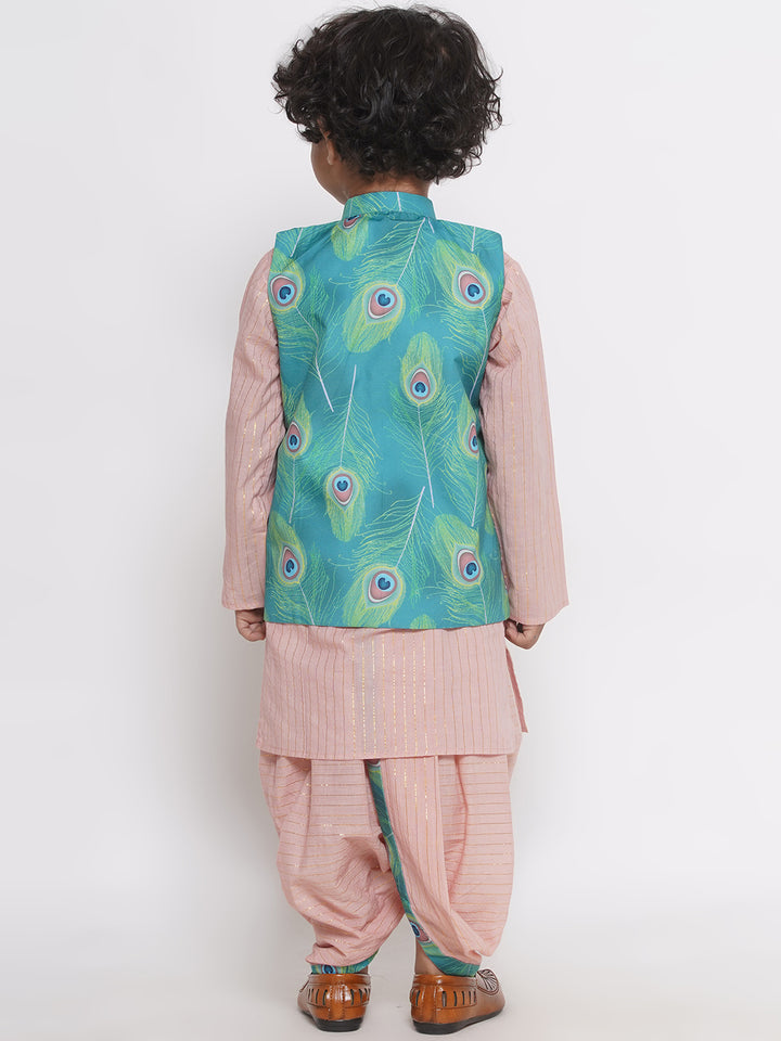 Peacock Feather print Jacket with Golden Stripes Kurta and Dhoti - Little Bansi