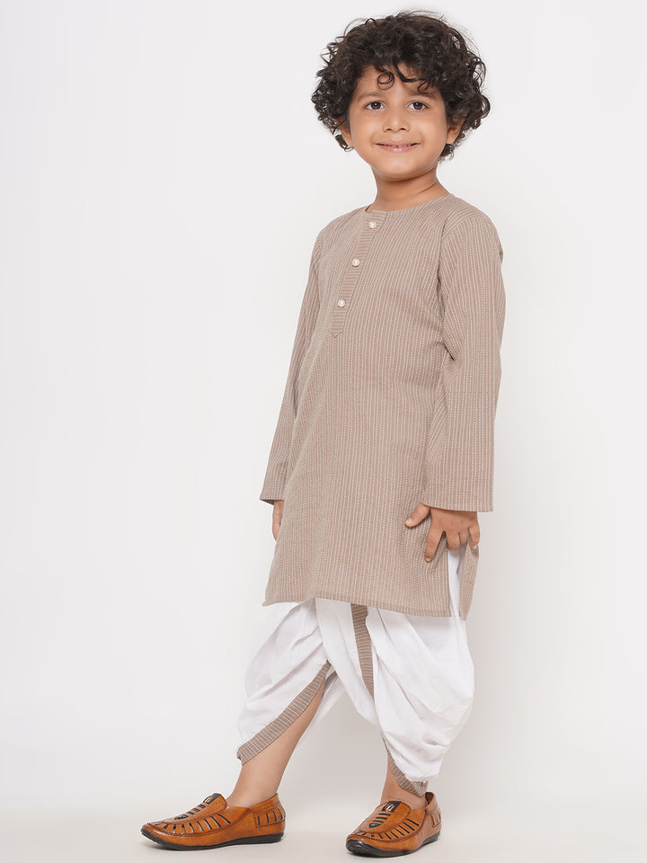 Little Bansi Boys Thread Work Kurta with Pearl buttons & Dhoti - Camel Brown - Little Bansi