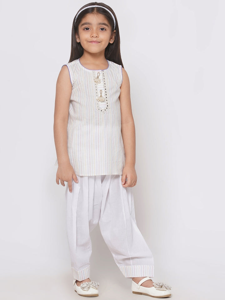 Short Kurta with Tussel and Lace work with Patiala Salwar and Kota Doria Dupatta - Little Bansi