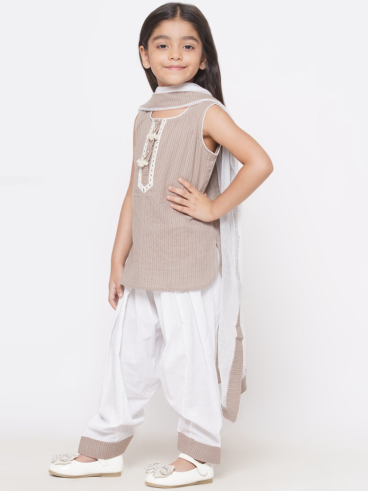 Short Kurta with Tussel and Lace work with Patiala Salwar and Kota Doria Dupatta - Little Bansi