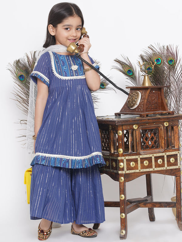 Girls Floral patch and lace work Frock Style Kurta with sharara and Dupatta - Little Bansi